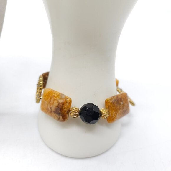 Jasper Brown Black Beaded Necklace And Bracelet Set With Twisted Gold-Tone Accen - Picture 2 of 7